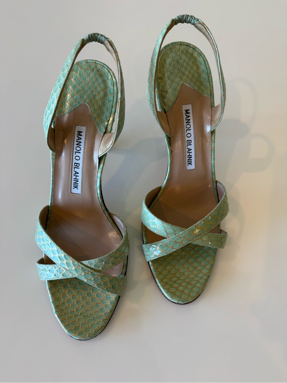 Manolo Blahnik Callasli Slingback Turquoise Gold Snakeskin Heels Sandals EU 37